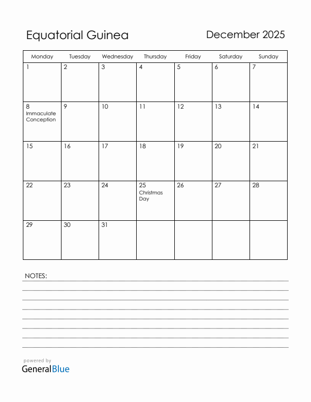 December 2025 Equatorial Guinea Calendar with Holidays (Monday Start)