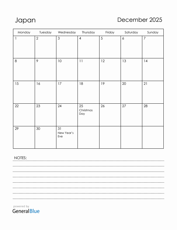 December 2025 Japan Calendar with Holidays (Monday Start)