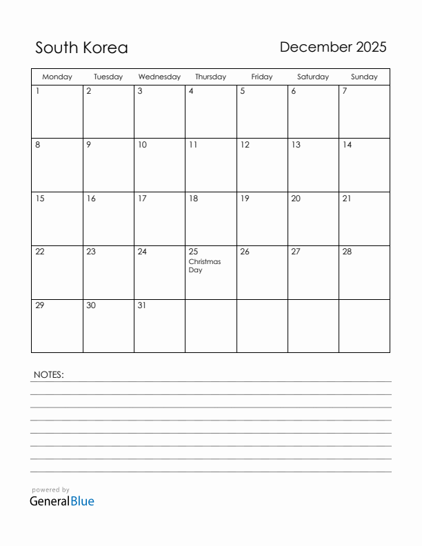 December 2025 South Korea Calendar with Holidays (Monday Start)