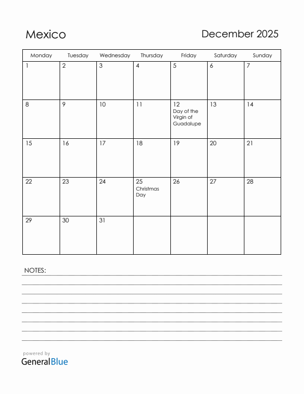 December 2025 Mexico Calendar with Holidays (Monday Start)