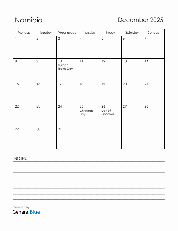 December 2025 Namibia Calendar with Holidays (Monday Start)