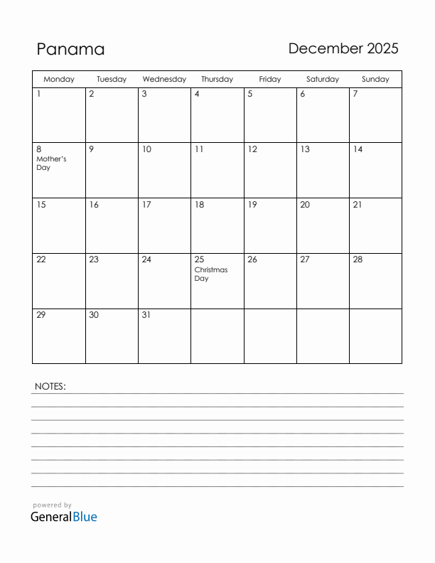 December 2025 Panama Calendar with Holidays (Monday Start)