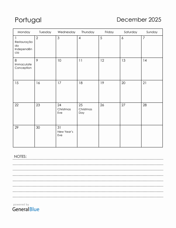 December 2025 Portugal Calendar with Holidays (Monday Start)