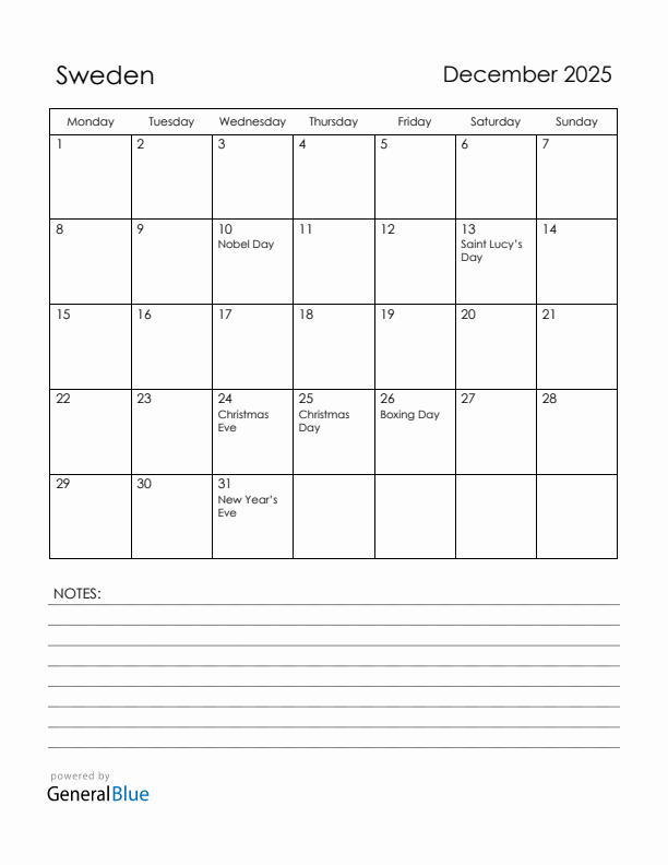 December 2025 Sweden Calendar with Holidays (Monday Start)