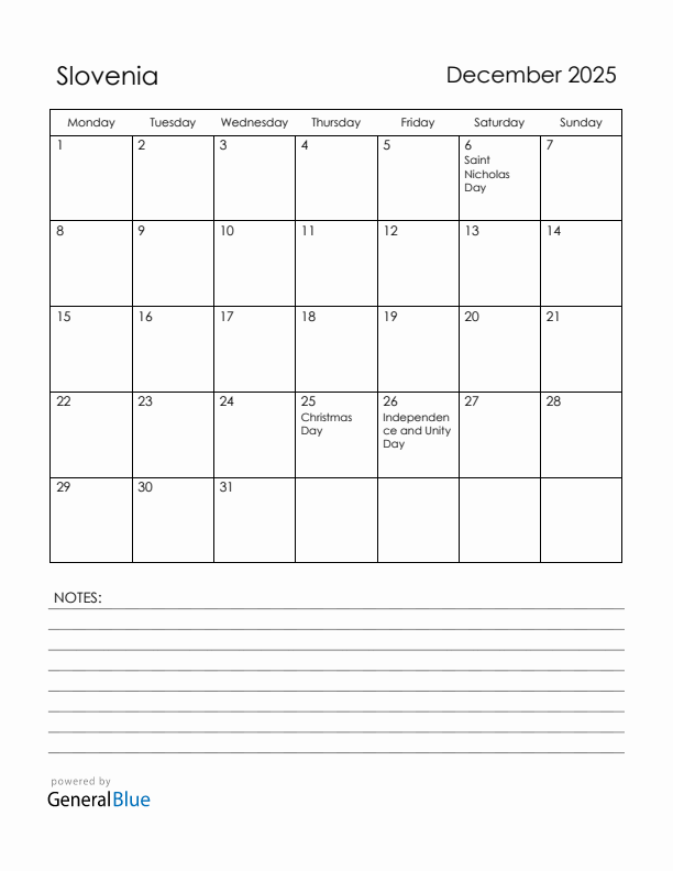 December 2025 Slovenia Calendar with Holidays (Monday Start)