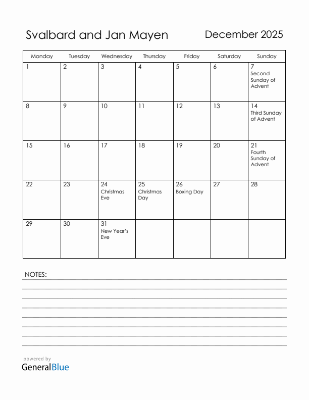 December 2025 Svalbard and Jan Mayen Calendar with Holidays (Monday Start)