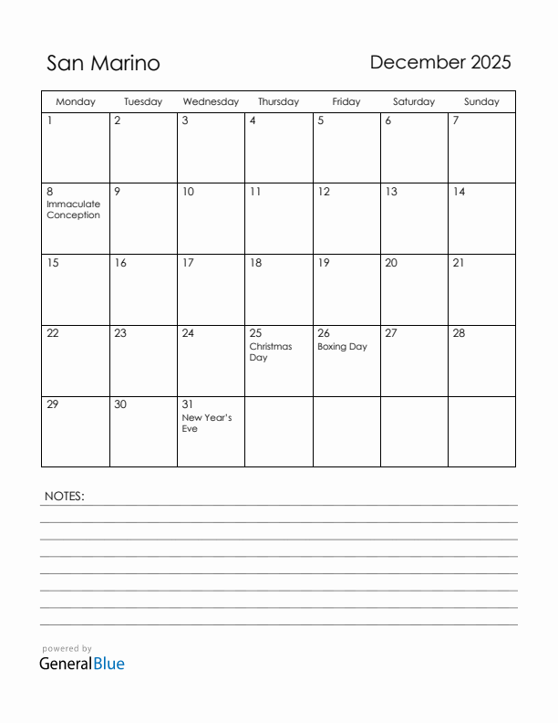 December 2025 San Marino Calendar with Holidays (Monday Start)