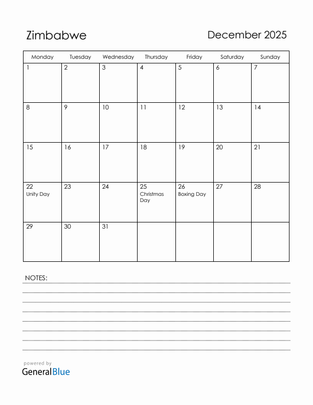 December 2025 Zimbabwe Calendar with Holidays (Monday Start)