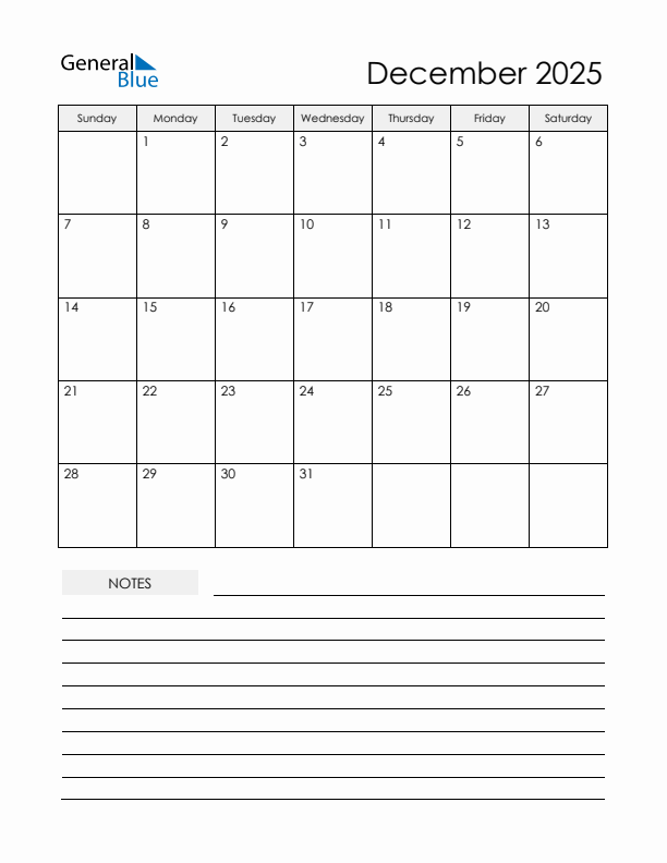 Printable Calendar with Notes - December 2025 