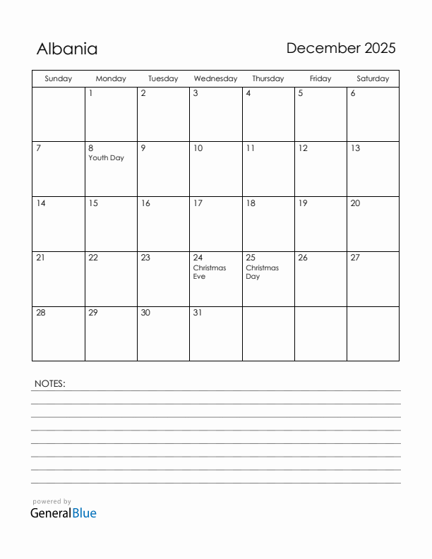 December 2025 Albania Calendar with Holidays (Sunday Start)