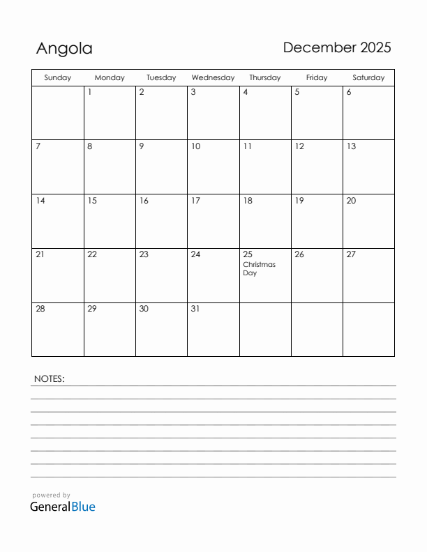 December 2025 Angola Calendar with Holidays (Sunday Start)