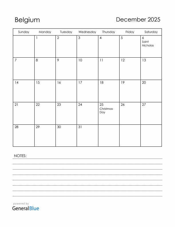 December 2025 Belgium Calendar with Holidays (Sunday Start)