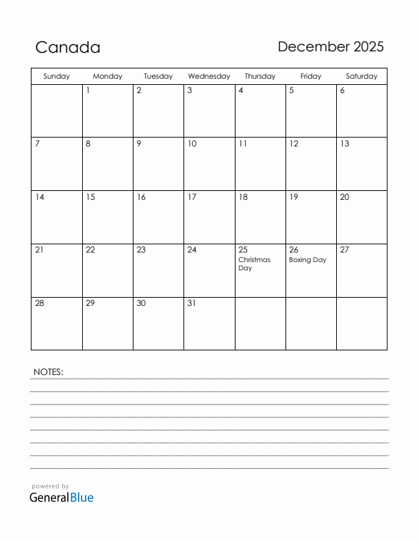 December 2025 Canada Calendar with Holidays (Sunday Start)