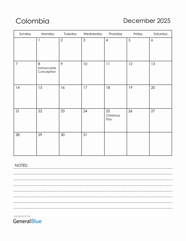 December 2025 Colombia Calendar with Holidays (Sunday Start)