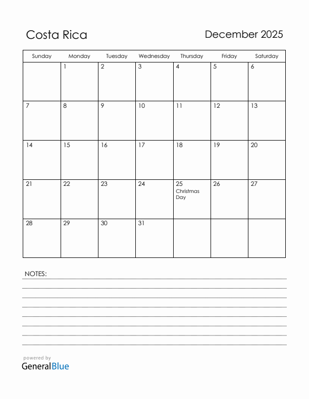 December 2025 Costa Rica Calendar with Holidays (Sunday Start)