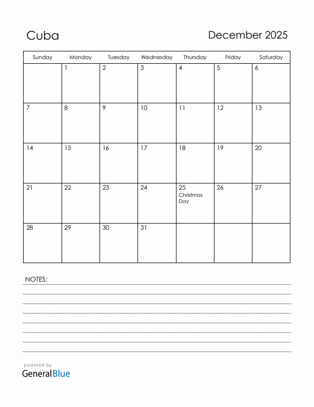 December 2025 Cuba Calendar with Holidays (Sunday Start)