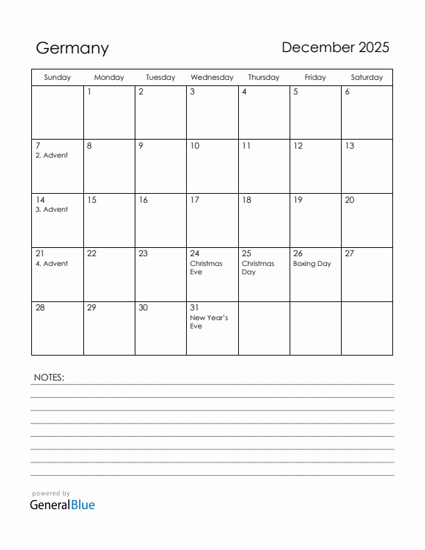 December 2025 Germany Calendar with Holidays (Sunday Start)