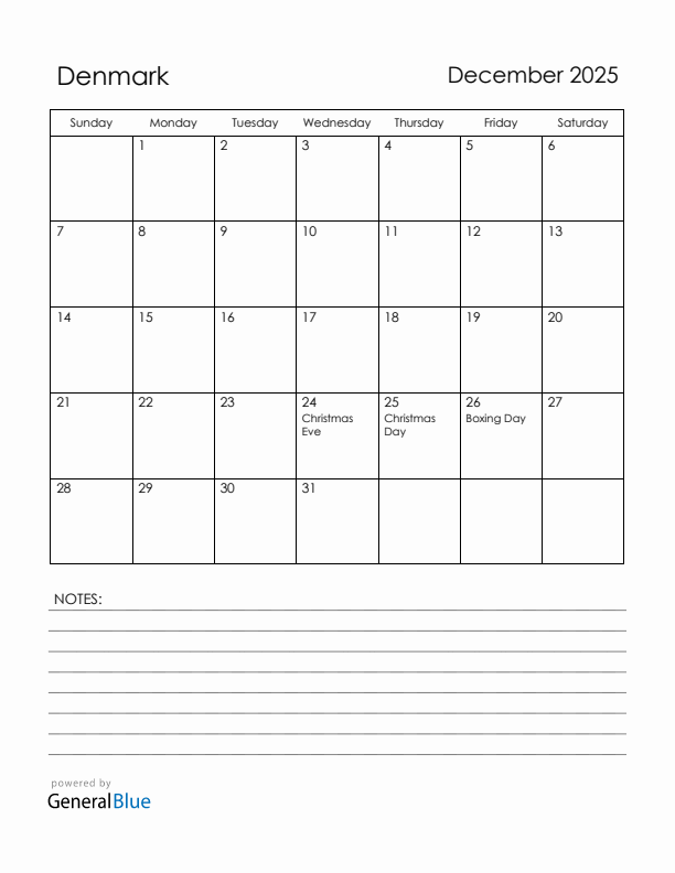 December 2025 Denmark Calendar with Holidays (Sunday Start)