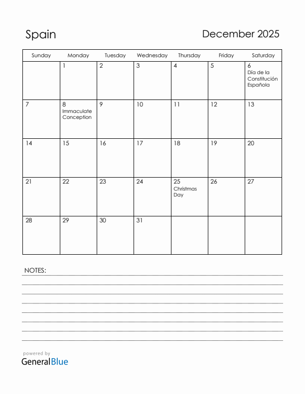 December 2025 Spain Calendar with Holidays (Sunday Start)