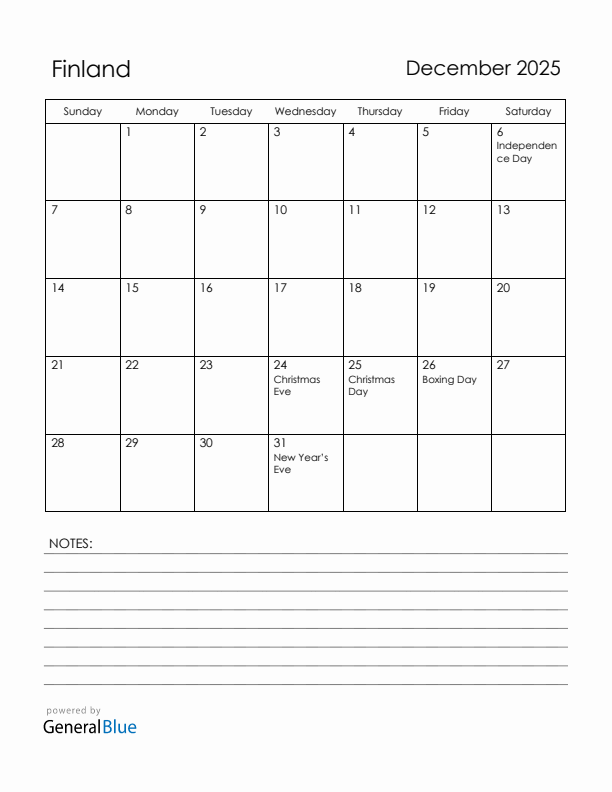 December 2025 Finland Calendar with Holidays (Sunday Start)