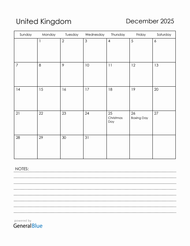 December 2025 United Kingdom Calendar with Holidays (Sunday Start)