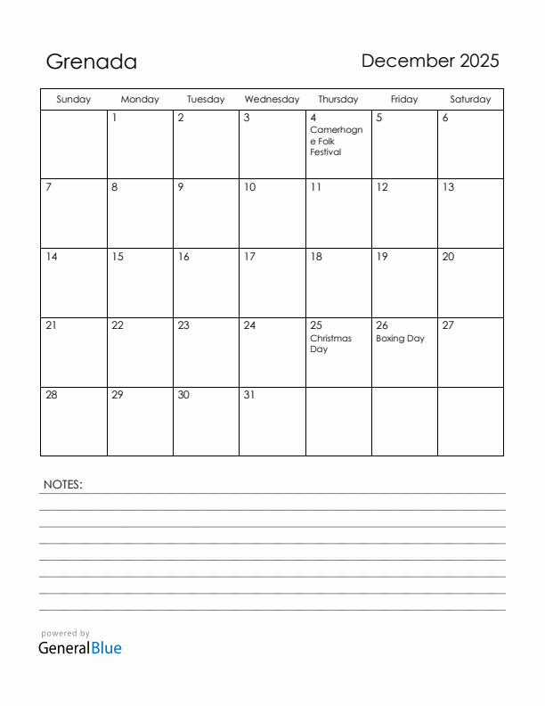 December 2025 Grenada Calendar with Holidays (Sunday Start)