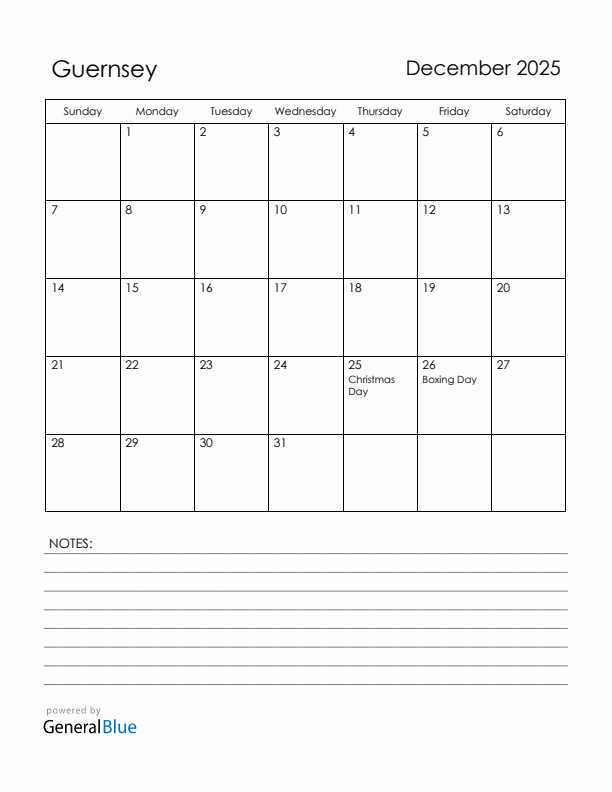 December 2025 Guernsey Calendar with Holidays (Sunday Start)