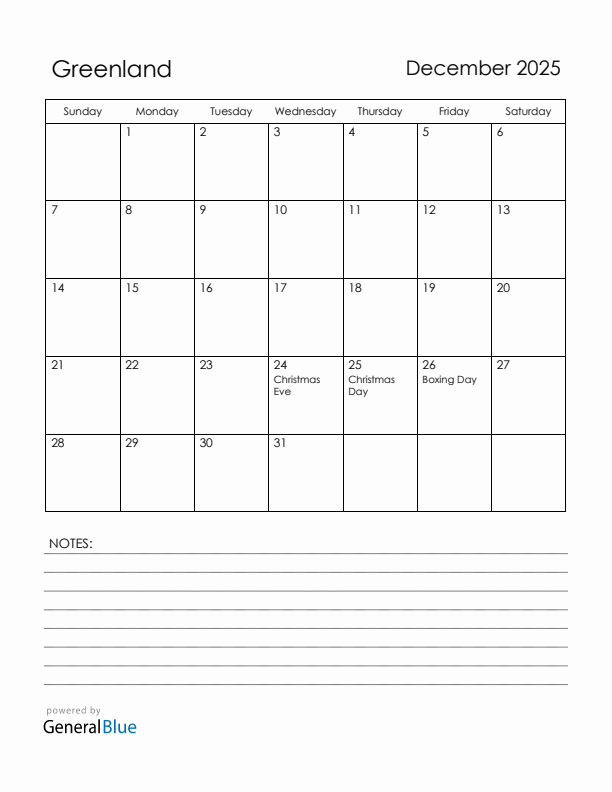 December 2025 Greenland Calendar with Holidays (Sunday Start)