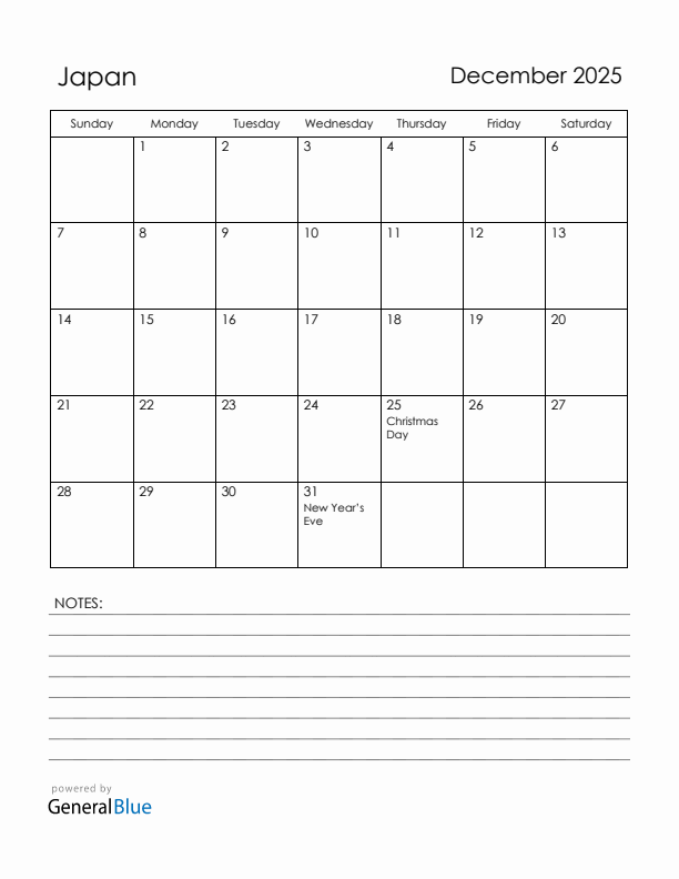 December 2025 Japan Calendar with Holidays (Sunday Start)