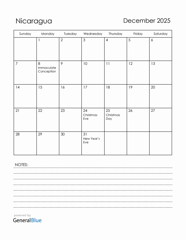 December 2025 Nicaragua Calendar with Holidays (Sunday Start)