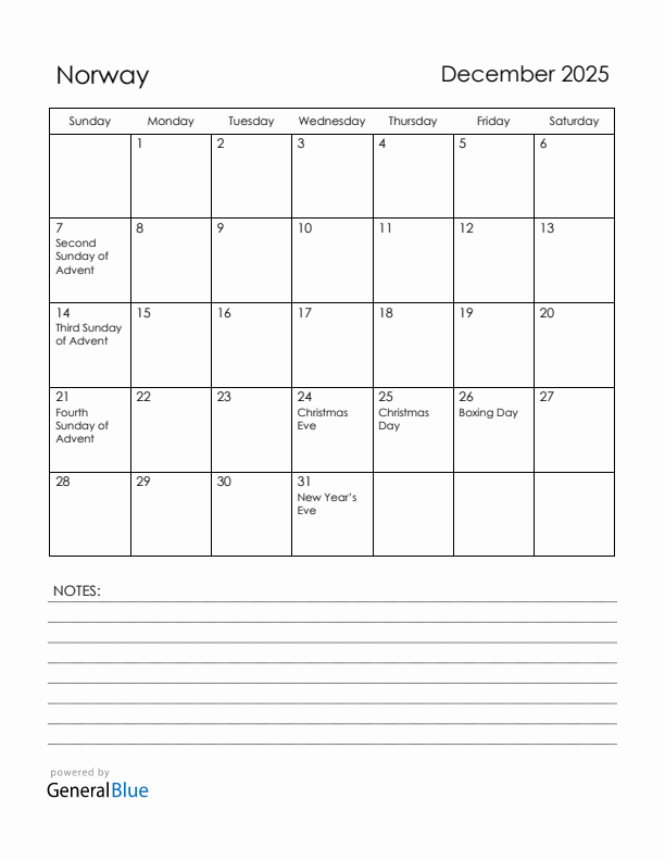 December 2025 Norway Calendar with Holidays (Sunday Start)