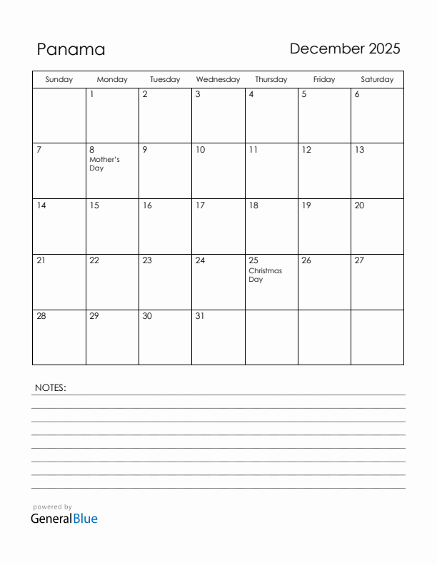 December 2025 Panama Calendar with Holidays (Sunday Start)