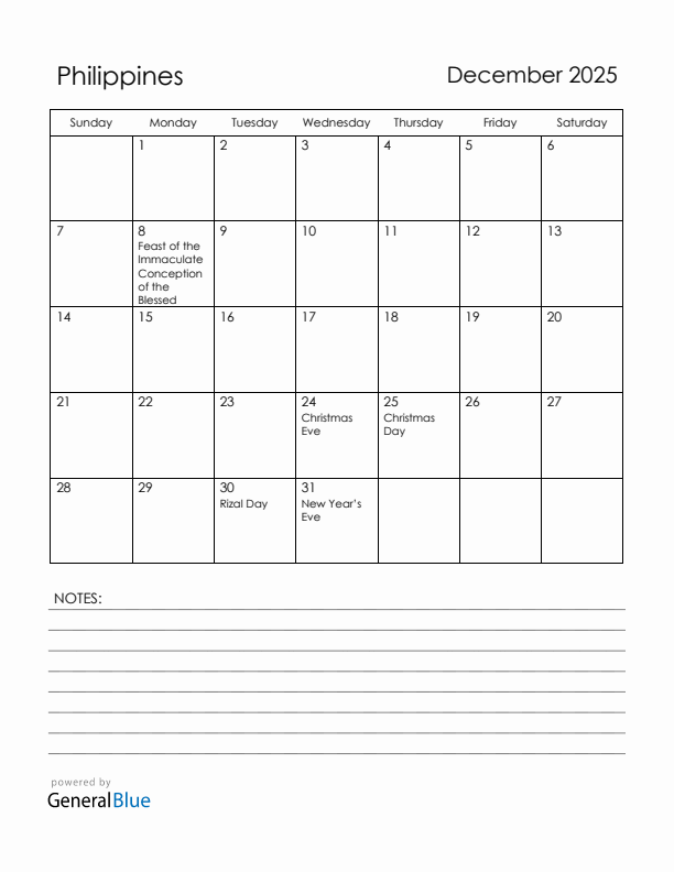 December 2025 Philippines Calendar with Holidays (Sunday Start)