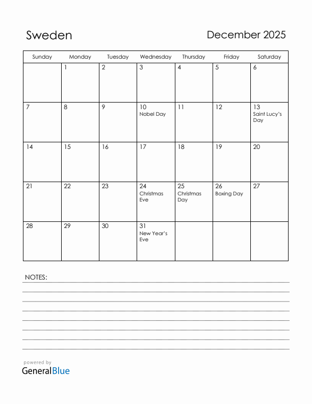 December 2025 Sweden Calendar with Holidays (Sunday Start)