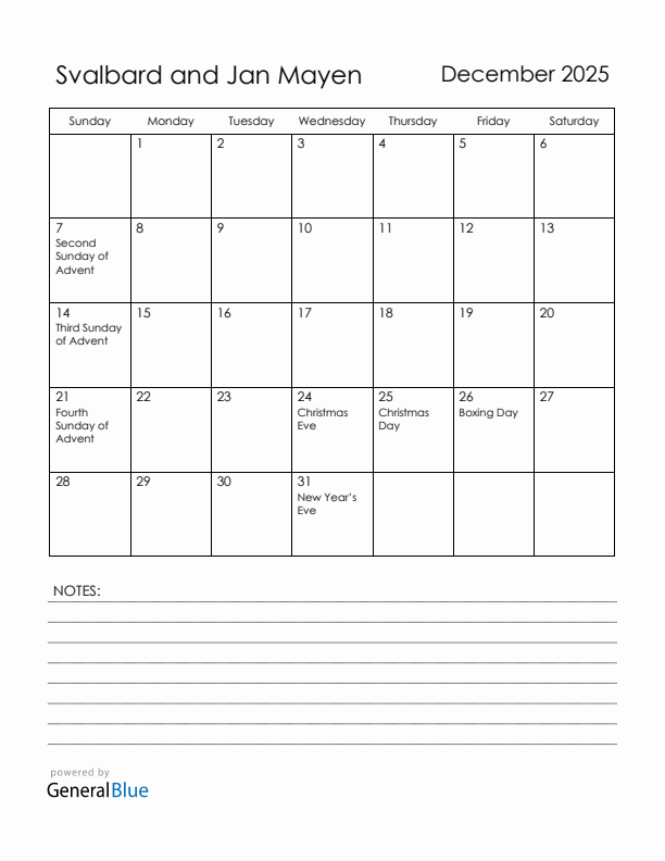 December 2025 Svalbard and Jan Mayen Calendar with Holidays (Sunday Start)