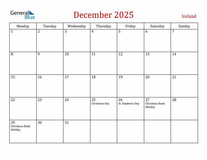 Ireland December 2025 Calendar - Monday Start