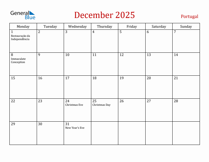 Portugal December 2025 Calendar - Monday Start