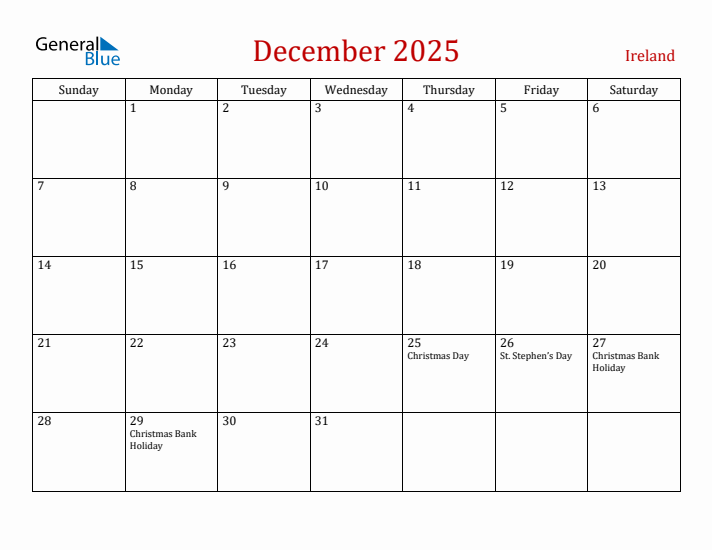 Ireland December 2025 Calendar - Sunday Start