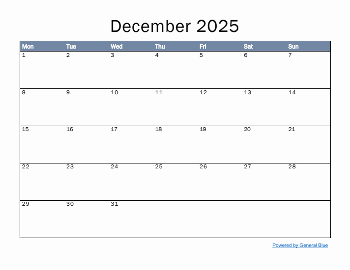 December 2025 Simple Month Calendar Template