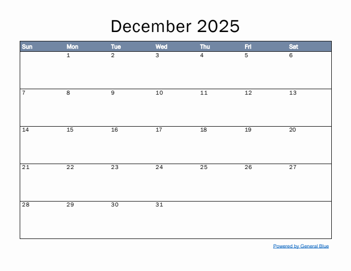 December 2025 Simple Month Calendar Template