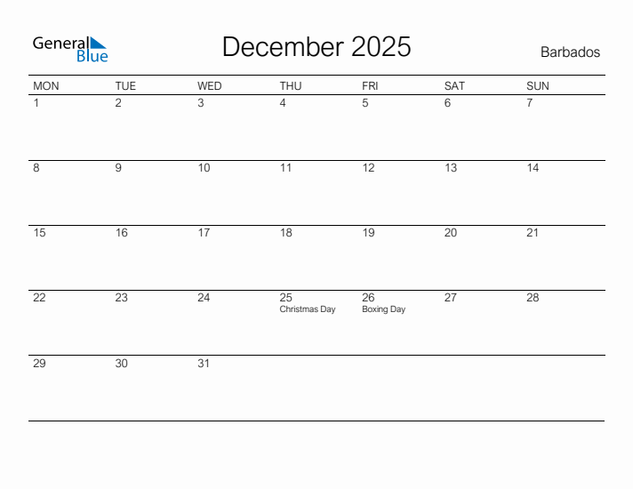 Printable December 2025 Calendar for Barbados