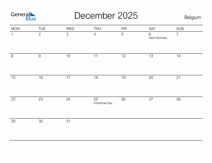 Printable December 2025 Calendar for Belgium