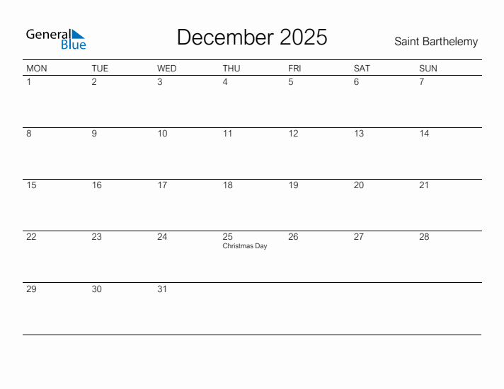 Printable December 2025 Calendar for Saint Barthelemy