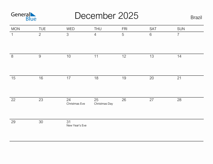 Printable December 2025 Calendar for Brazil