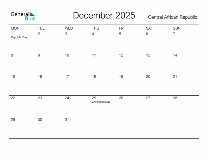 Printable December 2025 Calendar for Central African Republic