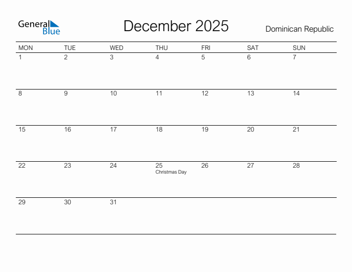 Printable December 2025 Calendar for Dominican Republic