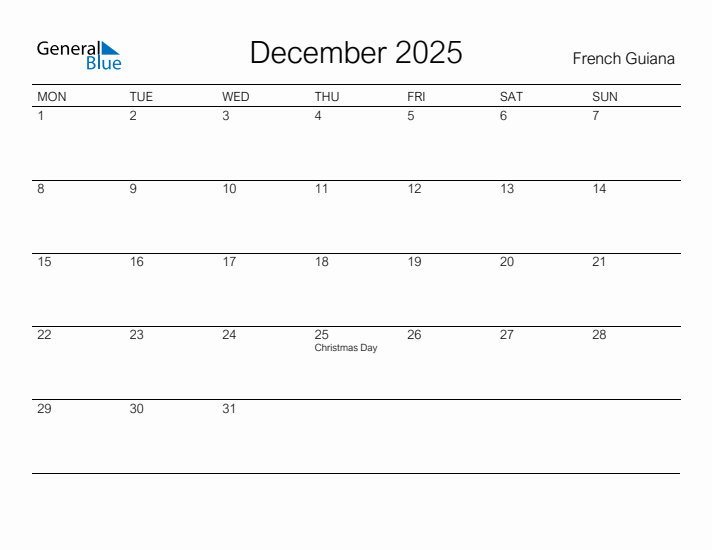 Printable December 2025 Calendar for French Guiana