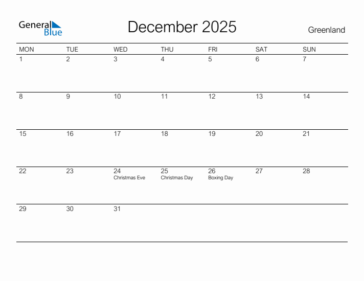 Printable December 2025 Calendar for Greenland