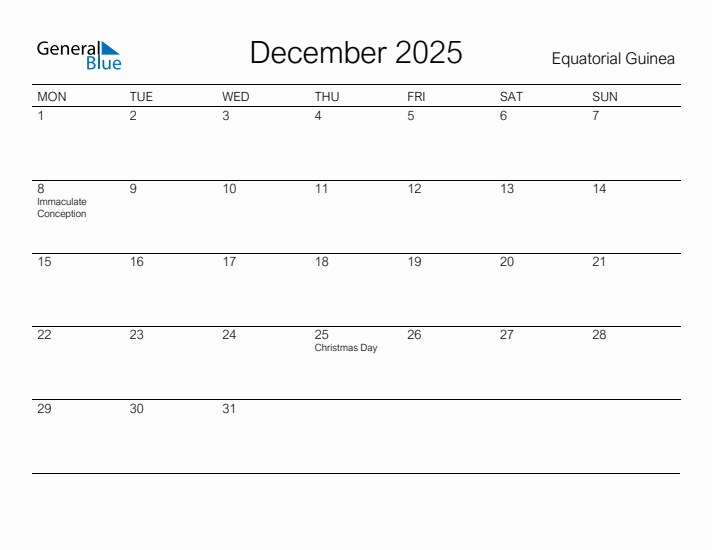 Printable December 2025 Calendar for Equatorial Guinea