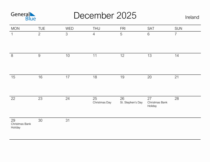 Printable December 2025 Calendar for Ireland